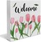 Flower Tulips Summer Tabletop Decor Welcome Wood Box Sign Art Blocks Desk Sign Rustic for Shelf Tabletop Home Decor 5 X 5 Inch